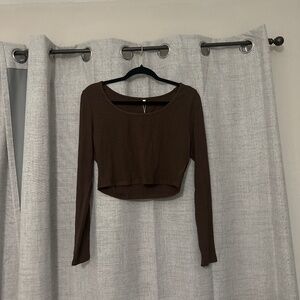 Brown Long Sleeve Ribbed Crop Top
